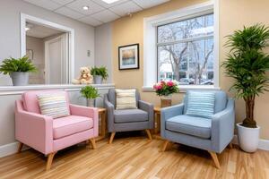 Comfortable waiting room offering colorful armchairs and a view on the city photo