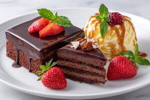 Chocolate cake slice with vanilla ice cream and fresh strawberries, garnished with mint leaves photo