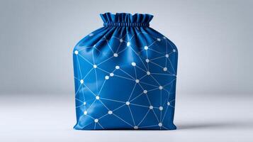 Blue drawstring bag with network pattern standing on white surface photo