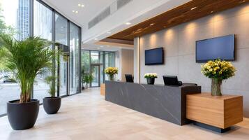 Modern hotel lobby interior with reception desk, tv screens and potted plants photo
