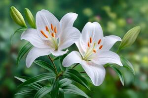 Two white lilies blooming in spring with water drops photo