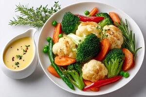 Steamed vegetables with cheese sauce seasoned with chili flakes promoting healthy eating habits photo