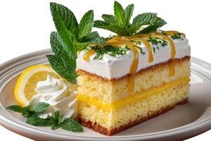 Lemon cake slice with lemon curd filling, whipped cream topping, mint and lemon sauce photo