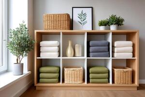 Wooden shelves organizing blankets, towels, and wicker baskets in modern home decor photo