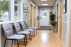 Empty waiting room with chairs, plants and framed pictures illuminating natural light photo