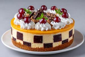 Delicious cheesecake with cherries, whipped cream and chocolate topping sitting on white plate photo