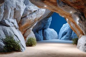 Exploring a mysterious glowing cave with lights and plants at night photo