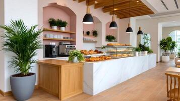 Modern coffee shop interior design with pastries and plants photo