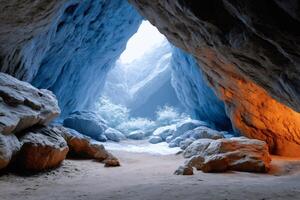 Breathtaking view from inside colorful cave leading to frozen canyon photo