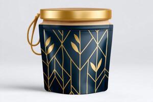 Doypack pouch with golden lid and elegant geometric pattern standing on white background photo