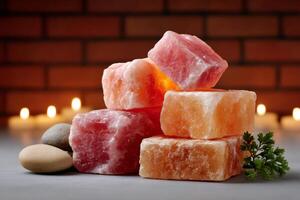 Himalayan pink salt crystals creating relaxing atmosphere with candles in background photo