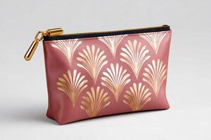 Pink clutch bag with golden palm leaf pattern and gold zipper puller resting on white background photo