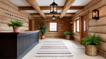 Welcoming hotel reception in rustic wooden style with elegant lanterns illuminating the space photo
