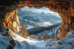 Snowy mountain valley viewed from inside a large rock cave photo