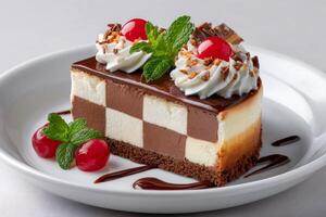 Checkerboard cake slice with chocolate glaze, whipped cream, cherries and mint on white plate photo