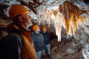 Group of speleologists exploring a cave with stalactites photo