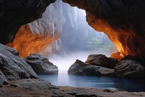Sunlight illuminating rocks and fog inside a cave with water photo