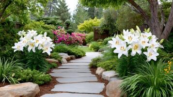 White lilies bordering a stone path winding through a lush garden. photo
