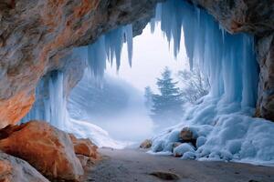 Icicles hanging from the ceiling of a cave overlooking a snowy forest photo