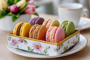 Colorful macarons resting in a floral gift box on a table photo
