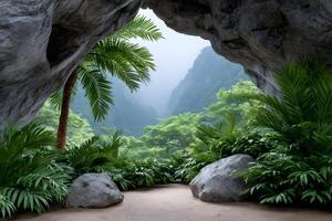 Lush vegetation growing inside a large cave overlooking a green valley photo