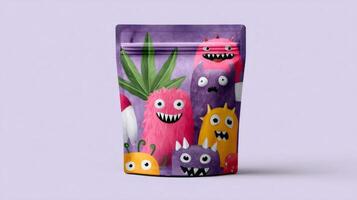 Purple doypack packaging with funny monsters and cannabis leaf printed on it photo