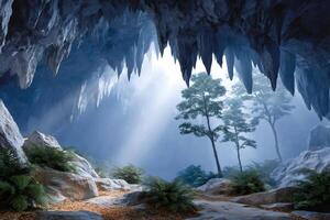 Sunlight illuminating trees and ferns growing in a large cave photo