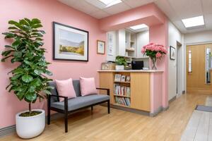 Cozy pink waiting room with sofa, reception desk and fiddle-leaf fig plant photo