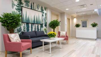 Modern waiting room with forest wallpaper and comfortable furniture photo