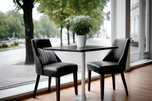 Empty table with two chairs inviting customers in a modern restaurant photo