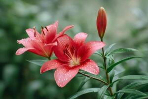 Two Blooming Lilies with Water Drops on Petals and Leaves photo
