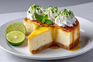 Key lime cheesecake slice with whipped cream and lime zest topping photo