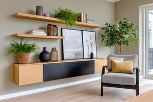 Stylish and relaxing modern living room interior with floating shelves, artwork, and indoor plants, creating a welcoming atmosphere photo