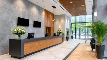 Modern hotel lobby with reception desk showing welcoming atmosphere. photo