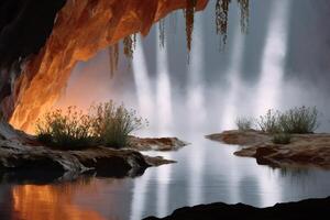 Mysterious glowing cave with plants, waterfall and subterranean river photo