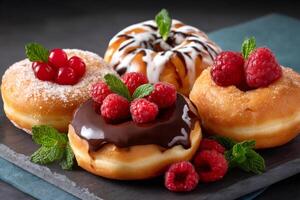 Delicious donuts with chocolate, raspberries and icing sugar are waiting to be eaten photo