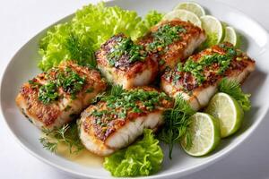 Pan seared cod fillets garnished with chopped herbs and lime wedges photo
