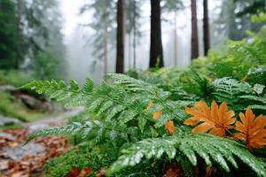 Lush green fern growing in foggy forest after rain photo