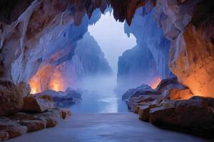 Mysterious cave entrance illuminating foggy river at dawn photo