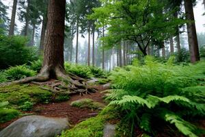 Large tree roots growing in foggy forest with ferns and moss photo