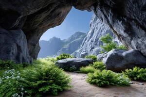 Exploring a large natural cave with lush vegetation and rocky mountains photo