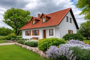 Charming white house with red tiled roof showcasing a beautiful garden photo