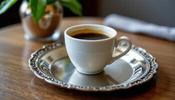 a small espresso cup on a silver tray. photo