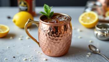 a copper mule mug filled with moscow mule. photo