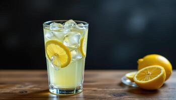 a chilled glass of lemonade with floating ice cubes. photo