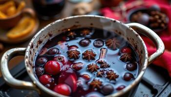 a mulled wine pot simmering with spices. photo