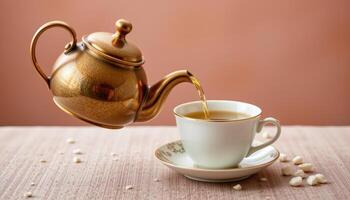 a teapot pouring jasmine tea into a cup. photo