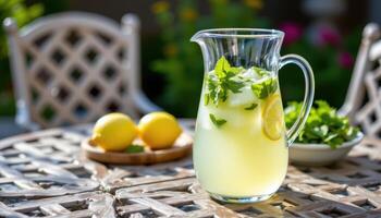 a pitcher of mint lemonade on a patio table. photo