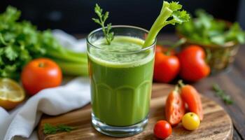 a fresh green juice in a glass with celery stalk. photo