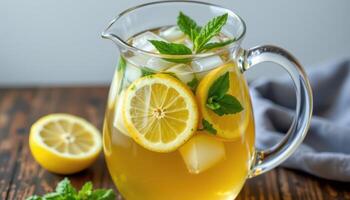 a pitcher of iced tea with slices of lemon and mint. photo